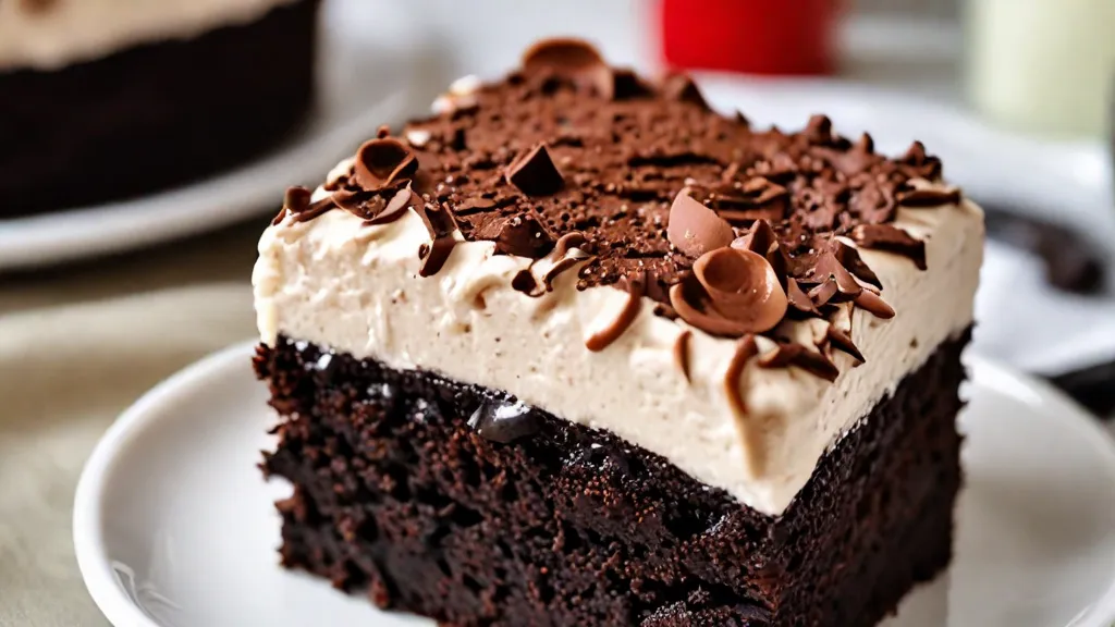 Moist chocolate cake slice on a white plate with rich chocolate frosting and a fork beside it