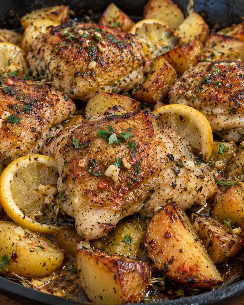 Skillet Lemon Garlic Chicken with Crispy Potatoes
